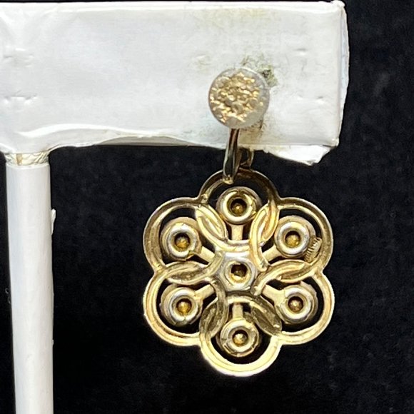 Vintage Coro Gold Tone & Blue Rhinestone Flowe Screw Back Dangle Earrings (3521) - Picture 5 of 5